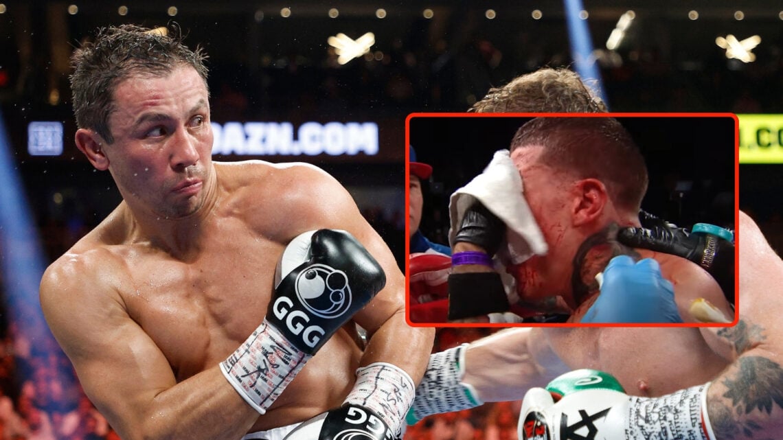 Canelo Alvarez (red trunks) lands a punch against Gennadiy Golovkin (white trunks) in round five of the fight for the Super Middleweight Title at T...