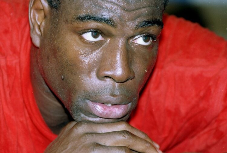 One of the fighters looks on during a bout between Lennox Lewis and Frank Bruno in Cardiff, Wales.