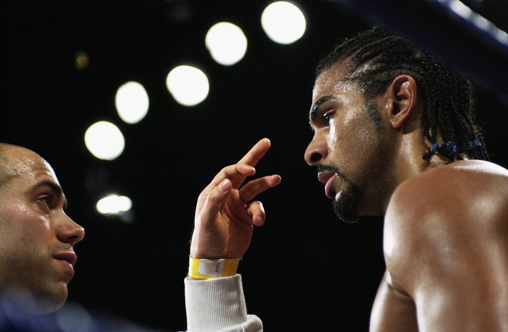 David Haye of England with his trainer
