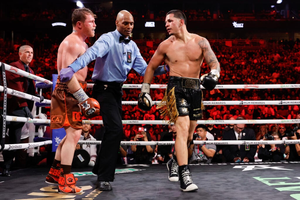 Canelo Alvarez facing Edgar Berlanga in ring