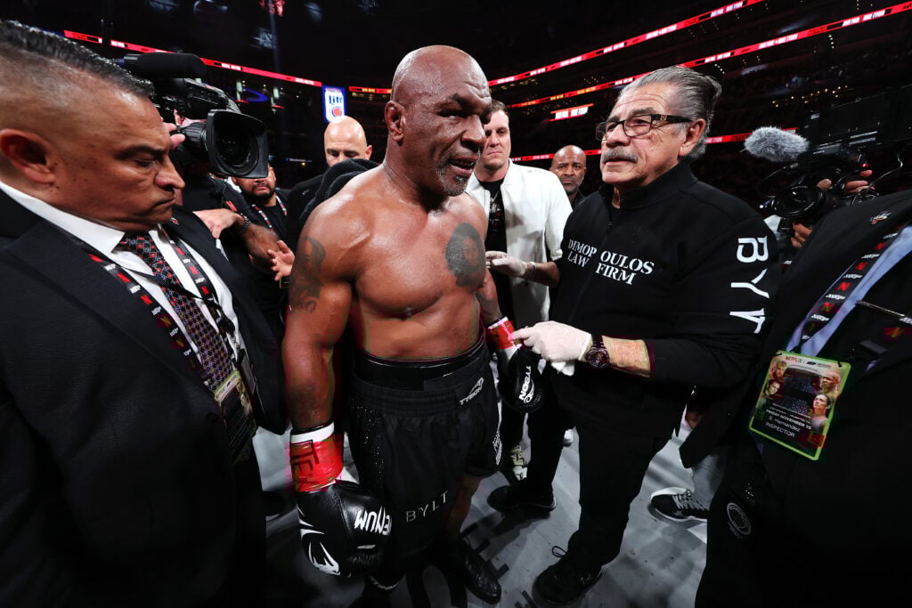 Mike Tyson reacts after fighting Jake Paul.
