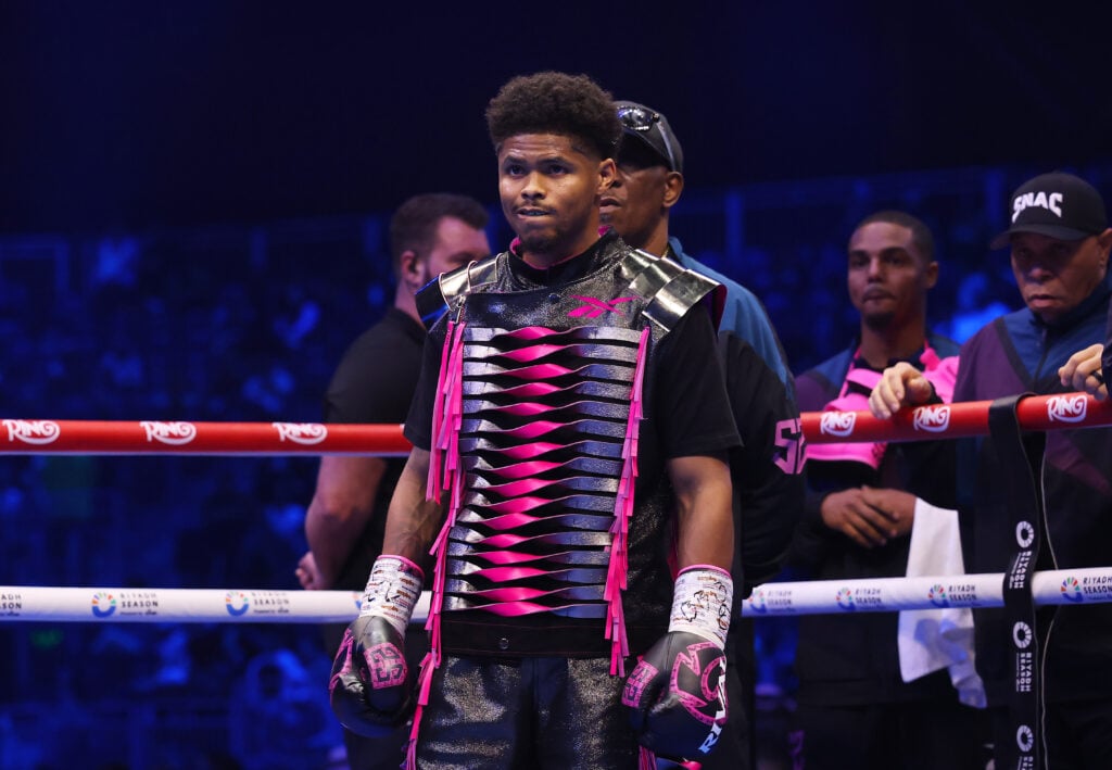 Shakur Stevenson stood in pink and purple ring attire in his corner ahead of his fight with Josh Padley