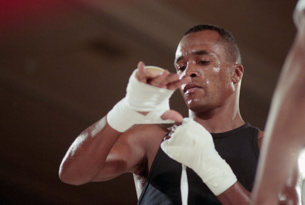 Sugar Ray Leonard tapes his hands in preparation for his clash with Roberto Duran.