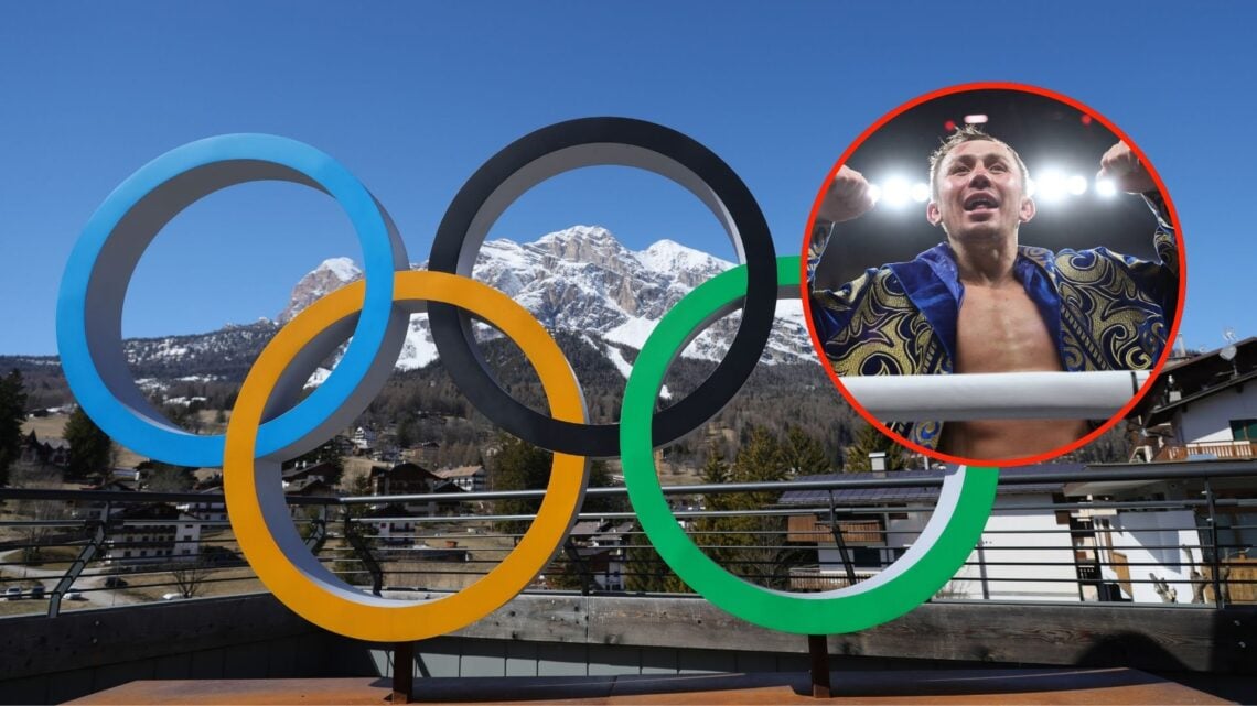 Image of the Olympic rings in front of the Olympia delle Tofane ski run with inset image of Golovkin poses for fans following his unanimous decisio...