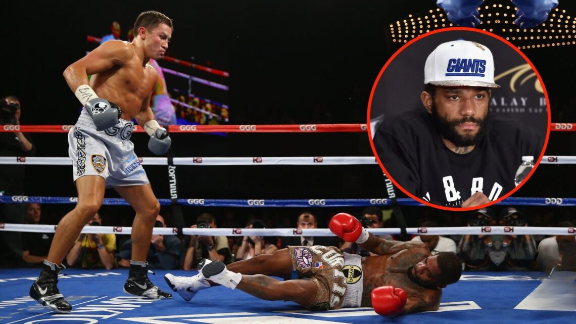 Gennady Golovkin knocks down Curtis Stevens in the second round during their WBA Middleweight Title fight. Inset, Boxer Curtis Stevens speaks durin...