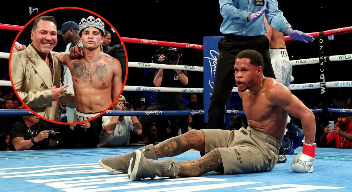 Image of Devin Haney. Inset, Oscar De La Hoya and Ryan Garcia