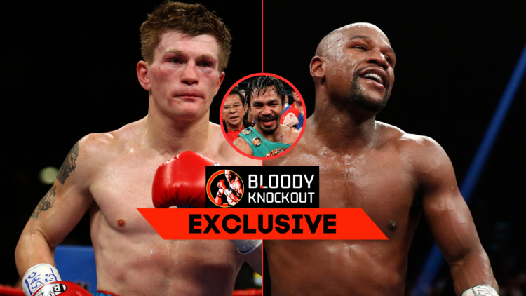Ricky Hatton, Manny Pacquiao and Floyd Mayweather with exclusive banner
