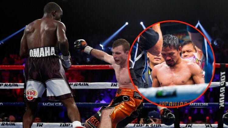 Image of Jeff Horn tries to keep his balance after a punch from Terence Crawford in the eighth round of their WBO welterweight title fight at MGM G...