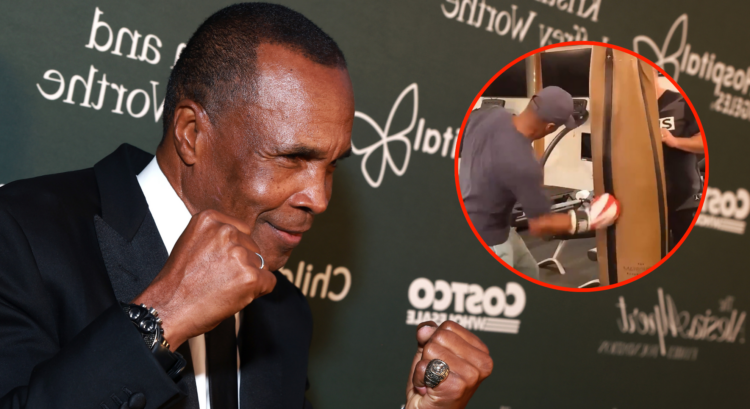 Image of Sugar Ray Leonard posing at the 2024 Children's Hospital Los Angeles Gala, inset Leonard hitting a heavy bag.