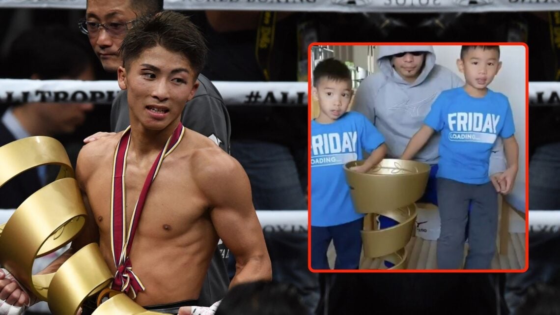 Naoya Inoue of Japan celebrates with the Muhammad Ali Trophy after the WBSS Bantamweight Final at Saitama Super Arena. Inset, a screenshot of Nonit...
