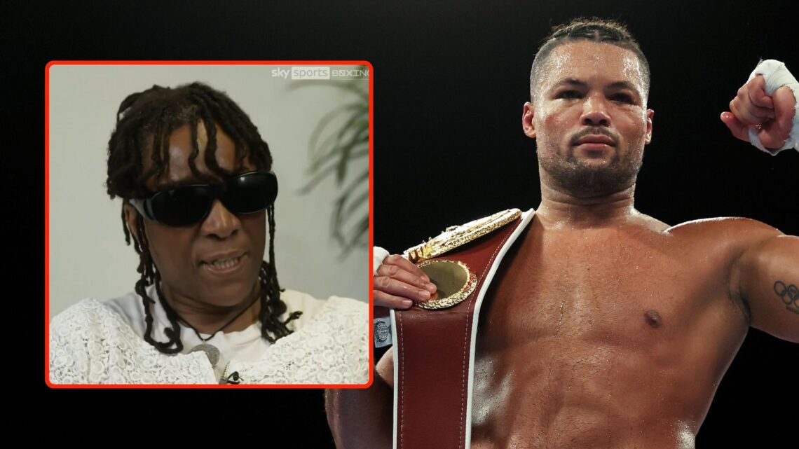 Joe Joyce celebrates with the WBO International Heavyweight belt after defeating Christian Hammer. Inset, Joyce's mother, Marvel Opara.