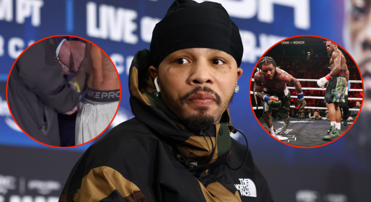 Image of Gervonta Davis at a pre-fight press conference, inset handshake with Lamont Roach Jr. and Davis stumbling as Roach watches.