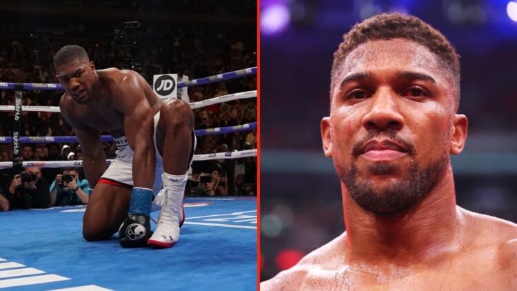 Split image of Anthony Joshua reacting to defeat, and Anthony Joshua kneeling after being knocked down by Andy Ruiz.