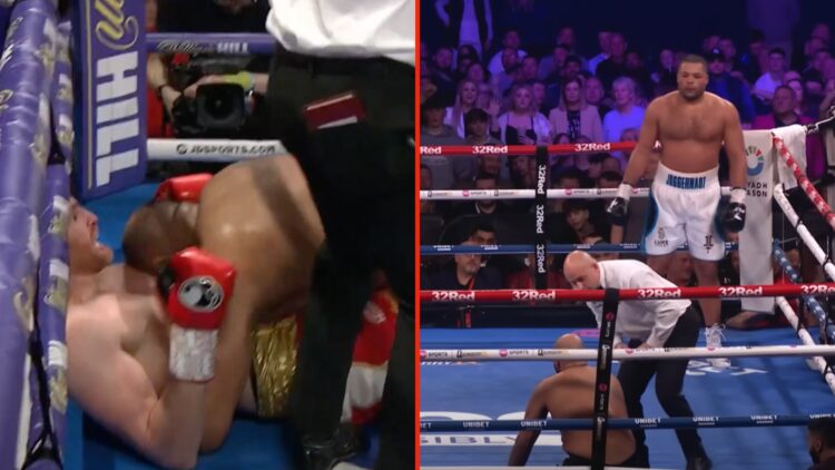 Split image of a screenshot from the Kash Ali disqualified for BITING David Price! Full Fight video and screenshot from Joe Joyce vs Kash Ali Fight...