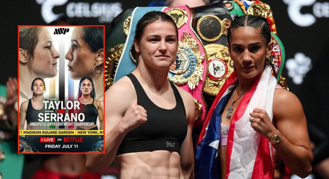 Image of Katie Taylor and Amanda Serrano. Inset, event poster