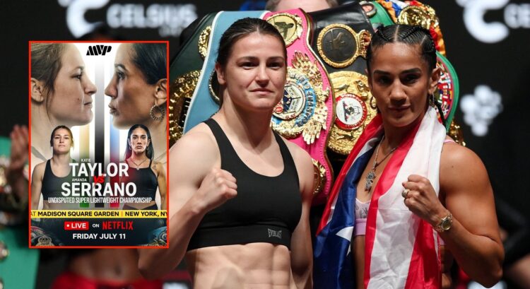 Image of Katie Taylor and Amanda Serrano. Inset, event poster