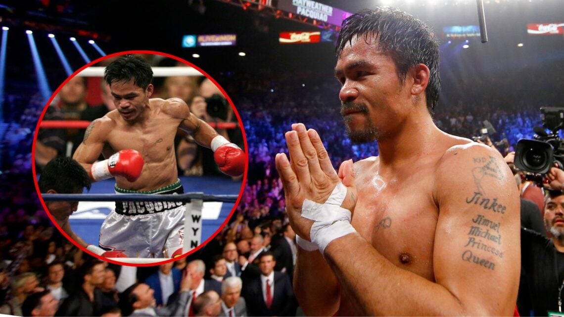 Image of Manny Pacquiao gestures to the crowd after losing to Floyd Mayweather Jr. with an inset of Manny Pacquiao (R) of the Philippines looks at ...