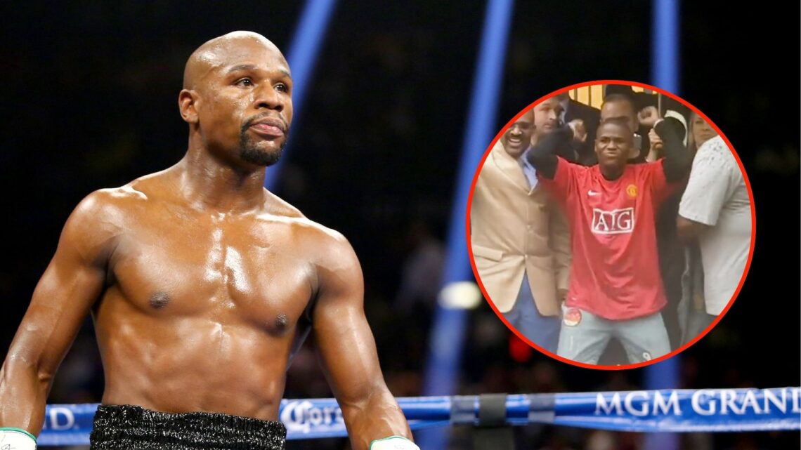 Floyd Mayweather Jr. looks on while taking on Marcos Maidana during their WBC/WBA welterweight title fight. Inset, a screenshot of Mayweather in a ...