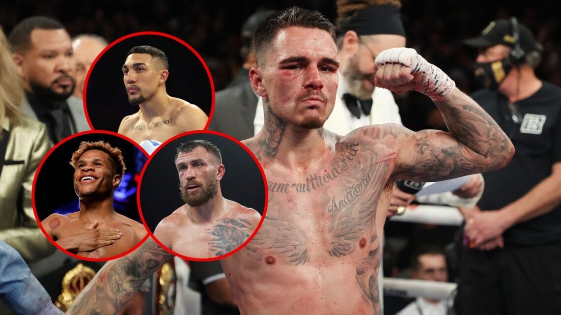 Image of George Kambosos celebrates his split decision win against Teofimo Lopez after their championship bout for Lopez’s Undisputed Lightweight t...