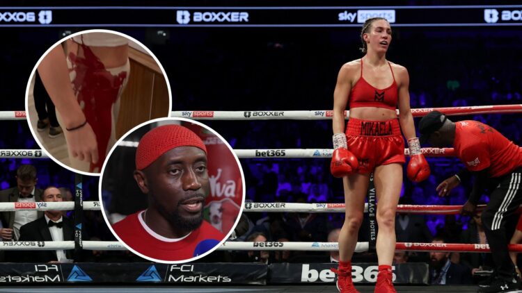 Image of Mikaela Mayer reacts after defeat in the IBF, IBO, WBC and WBO Super Featherweight World Title fight with an inset of the aftermath of the...