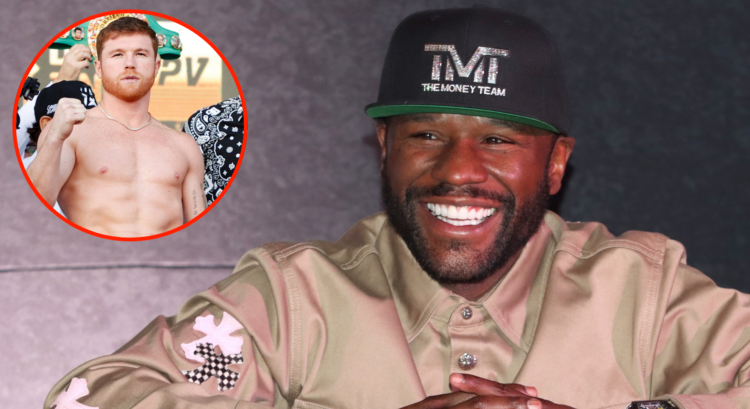 Floyd Mayweather grins during a press conference ahead of his exhibition with John Gotti III, inset Canelo Alvarez during the ceremonial weigh-in f...