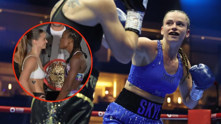 Skye Nicolson (R) of Australia fights Raven Chapman of the UK during their bout as part of the Riyadh Season - IV Crown Showdown. Inset, a screensh...