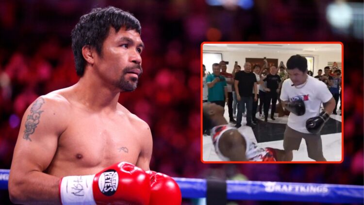 Manny Pacquiao prepares for a WBA welterweight title fight against Yordenis Ugas at T-Mobile Arena. Inset, a screenshot from Speed VS Pacquiao.
