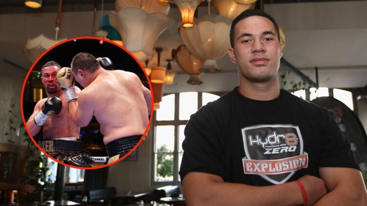 Boxer Joesph Parker poses during the Hydr8 Zero Explosion Press Conference at Northern Steamship Bar. Inset, Parker punches Zhilei Zhang.
