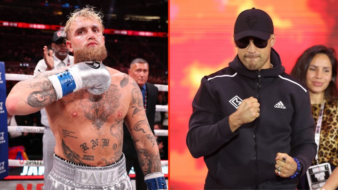 Mairis Briedis reacts on stage as he arrives ahead of the IBF Cruiserweight World title fight bween Jai Opetaia and Mairis Briedis, and Jake Paul.