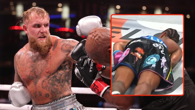 Jake Paul punches Mike Tyson during LIVE On Netflix: Jake Paul vs. Mike Tyson at AT&T Stadium. Inset, a screenshot from Ashton Sylve vs Lucas Bahdi.