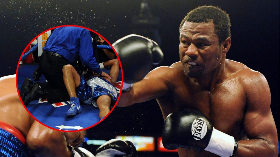Image of Shane Mosley throws a punch at Ricardo Mayorga with an inset of Ricardo Mayorga of Nicaragua is tended to by the referee after being knock...