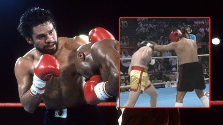Roberto Duran (L) lands a punch against Marvin Hagler during the fight at Caesars Palace. Inset, Roberto Duran exhibition fight.