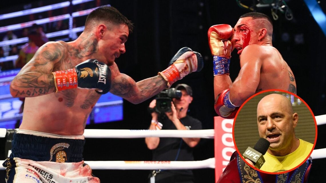 George Kambosos Jr battles Teofimo Lopez during the fight for his Undisputed Lightweight title at The Hulu Theater at Madison Square Garden. Inset,...