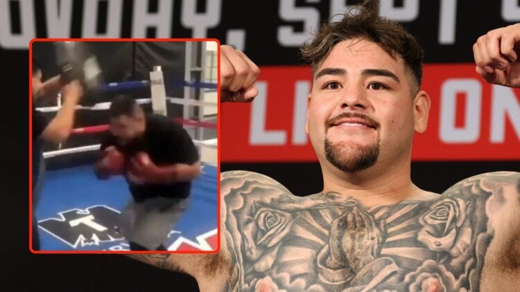 Andy Ruiz Jr. poses during an Andy Ruiz Jr v Luis Ortiz weigh-in at the JW Marriott LA Live. Inset, a screenshot from Ruiz sparring.