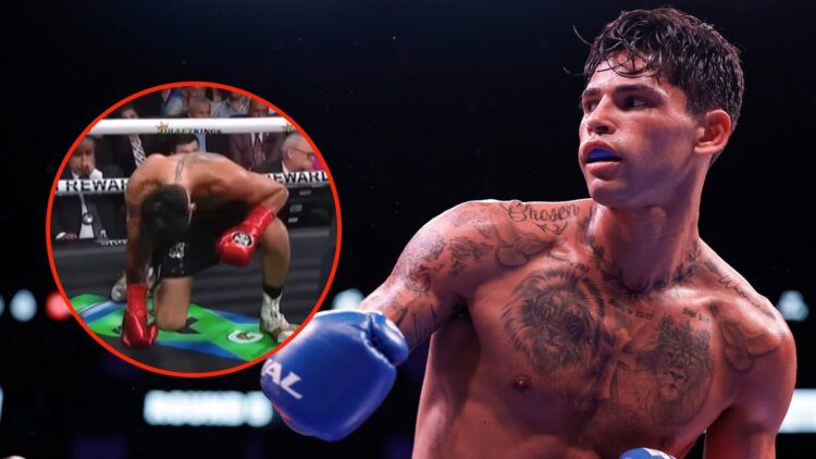Image of Ryan Garcia with a inset image of him down against Gervonta Davis