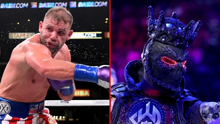Split of Billy Joe Saunders (red/white/blue shorts) and Marceleo Coceres exchange punches during their WBO World Super-Middleweight Championship fi...
