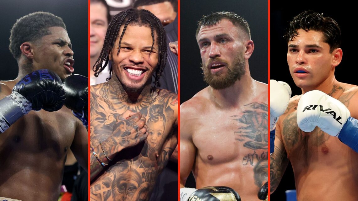 Four-way split image of Shakur Stevenson, Lomachenko, Gervonta Davis, and Ryan Garcia. Stevenson, Lomachenjo, and Garcia are all preparing to fight...
