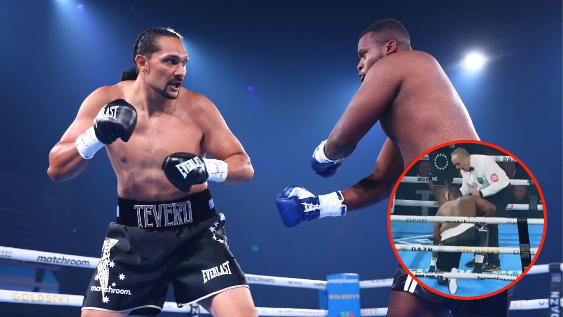 Teremoana Teremoana punchesOsasu Otobo during their heavyweight bout at the Gold Coast Convention Centre. Inset, a screenshot from a video of the f...