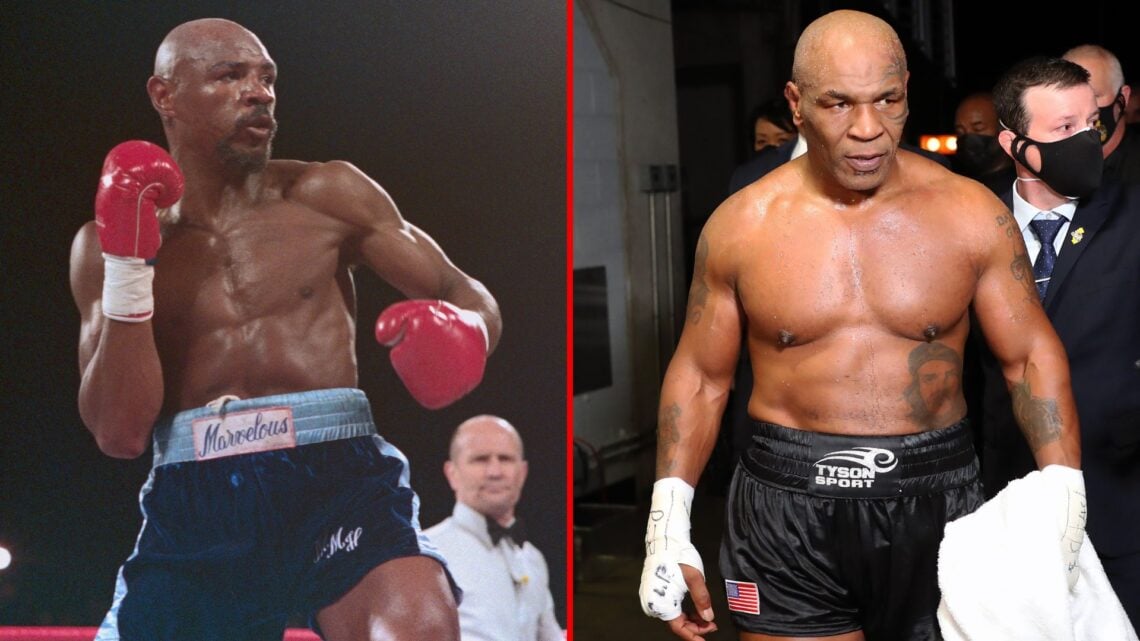 Split image of Mike Tyson exiting the ring after receiving a split draw against Roy Jones Jr. during Mike Tyson vs Roy Jones Jr. presented by Trill...