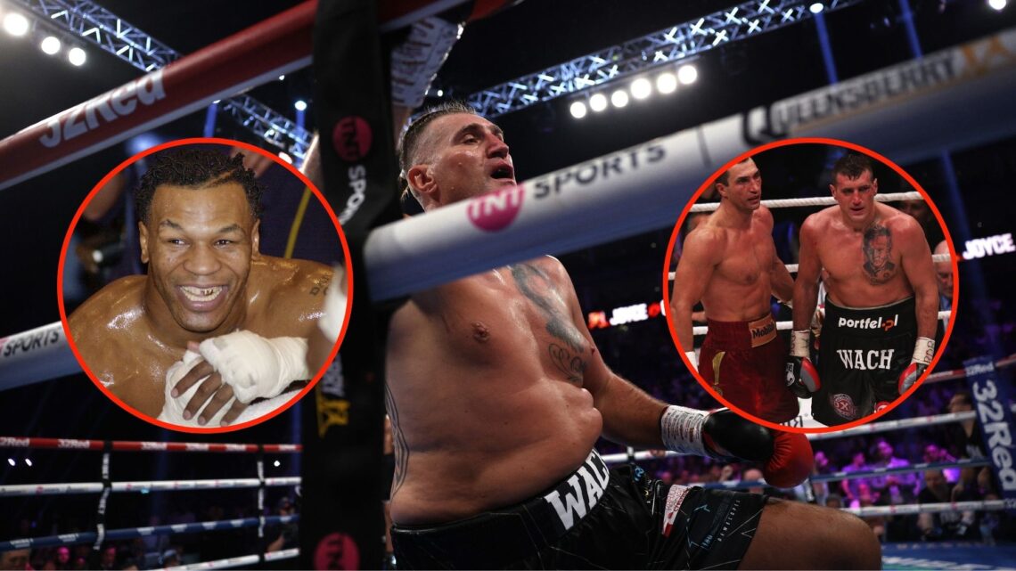 Images of Mariusz Wach knocked down by Moses Itauma at The O2 Arena and inset images of Wladimir Klitschko of Ukraine and Mariusz Wach of Poland ar...
