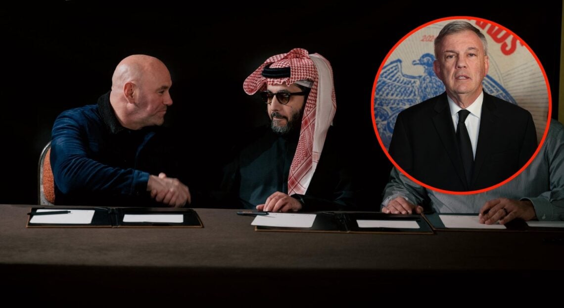 Image of Dana White and Turki Alalshikh. Inset, Teddy Atlas