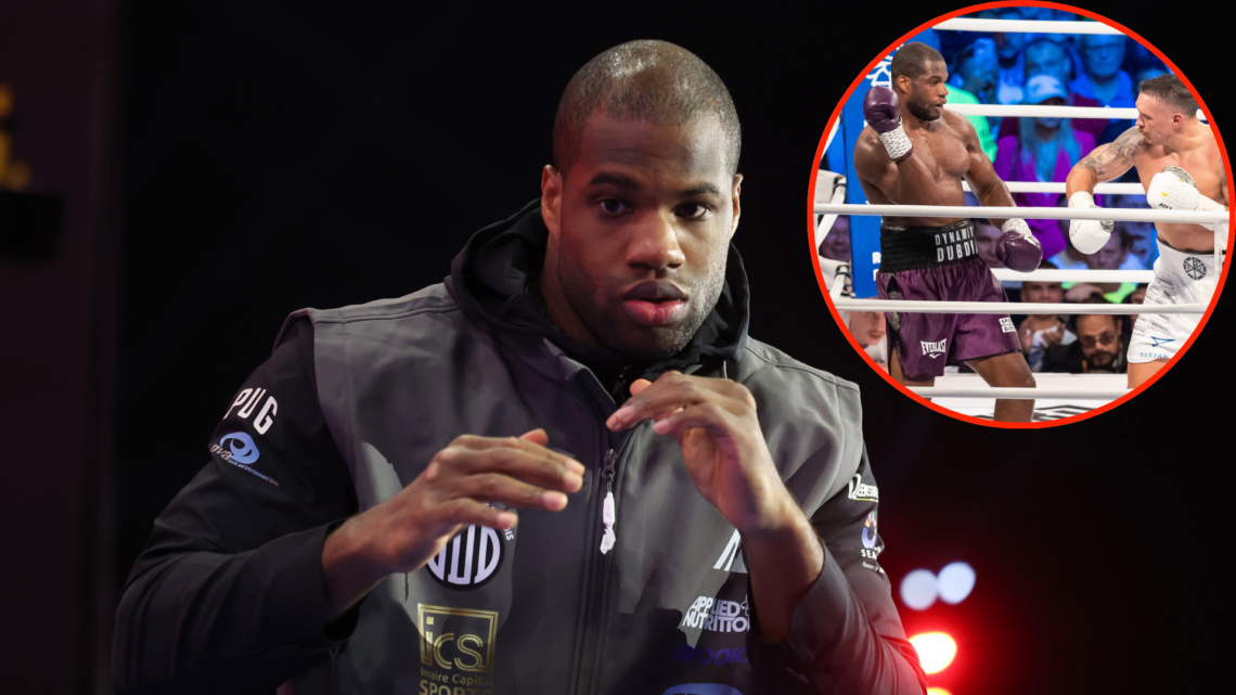 Daniel Dubois in training with inset of Daniel Dubois vs Oleksandr Usyk