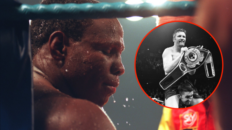 Image of Chris Eubank on stool with inset of Steve Collins celebrating with world title
