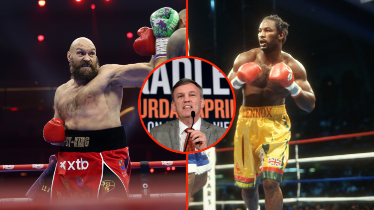 Split image of Tyson Fury and Lennox Lewis with inset of Teddy Atlas