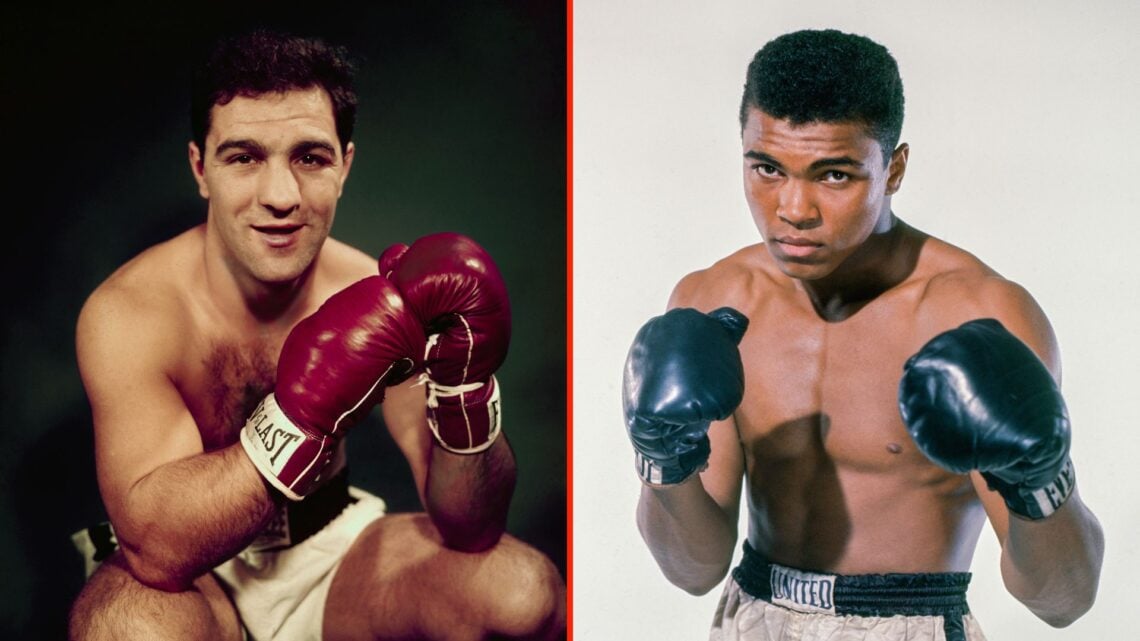 Cassius Clay, 20 year old heavyweight contender from Louisville, Kentucky poses for the camera, and Rocky Marciano, the boxer, is shown in this clo...