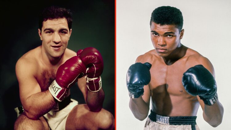 Cassius Clay, 20 year old heavyweight contender from Louisville, Kentucky poses for the camera, and Rocky Marciano, the boxer, is shown in this clo...