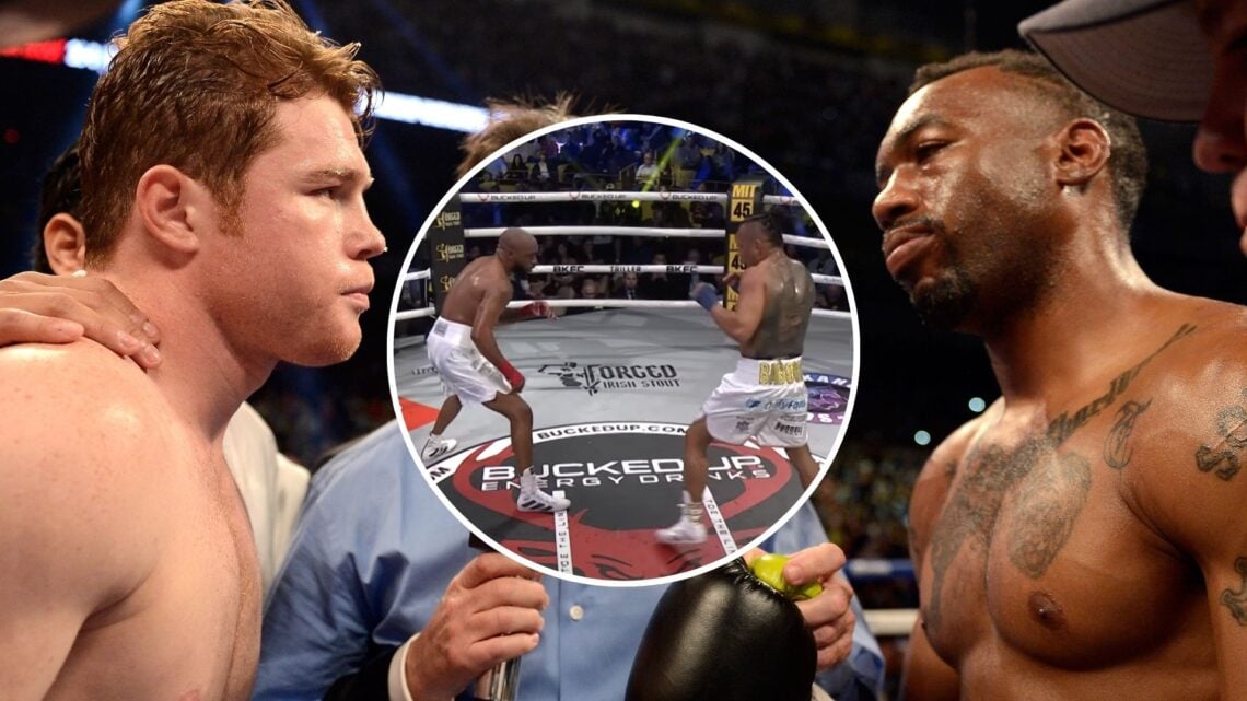 Image of Canelo Alvarez of Mexico facing off Austin Trout with an inset of them fighting