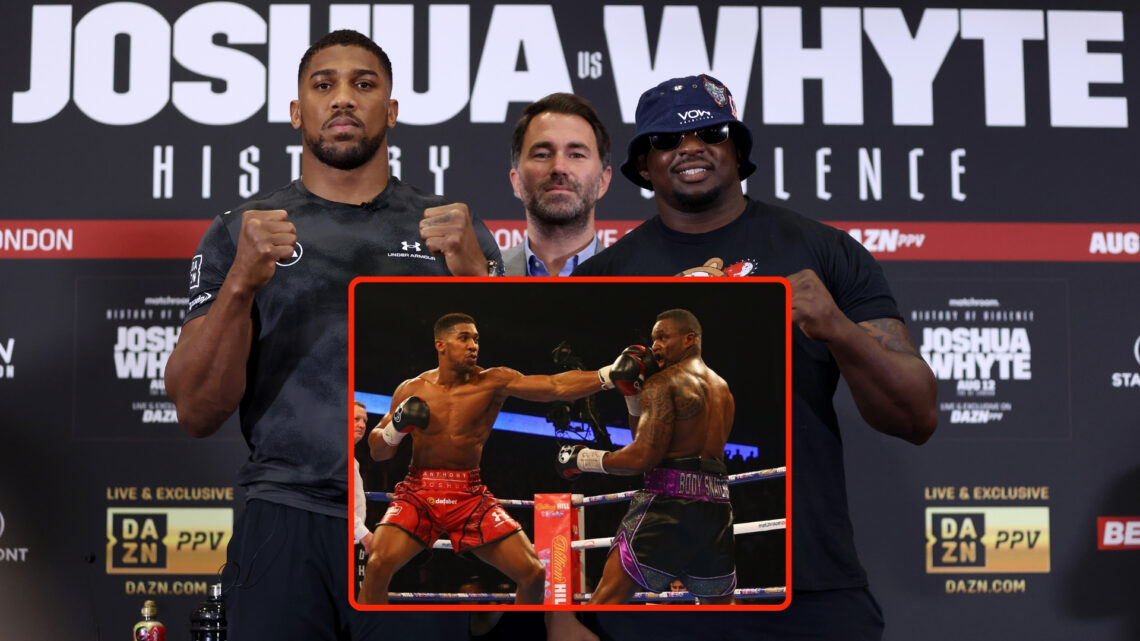 Anthony Joshua, promoter Eddie Hearn and Dillian Whyte pose during the Anthony Joshua v Dillian Whyte 2 Press Conference at Hilton London Syon Park...