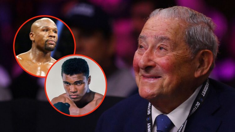Bob Arum, Promoter of Top Rank boxing looks on during the Heavyweight fight between Martin Bakole and Carlos Takam. Inset, Muhammad Ali and Floyd M...