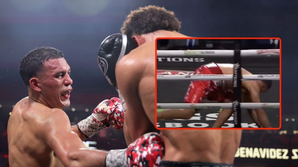WBC interim light heavyweight champion David Benavidez (L) lands a body shot on WBA light heavyweight champion David Morrell Jr.